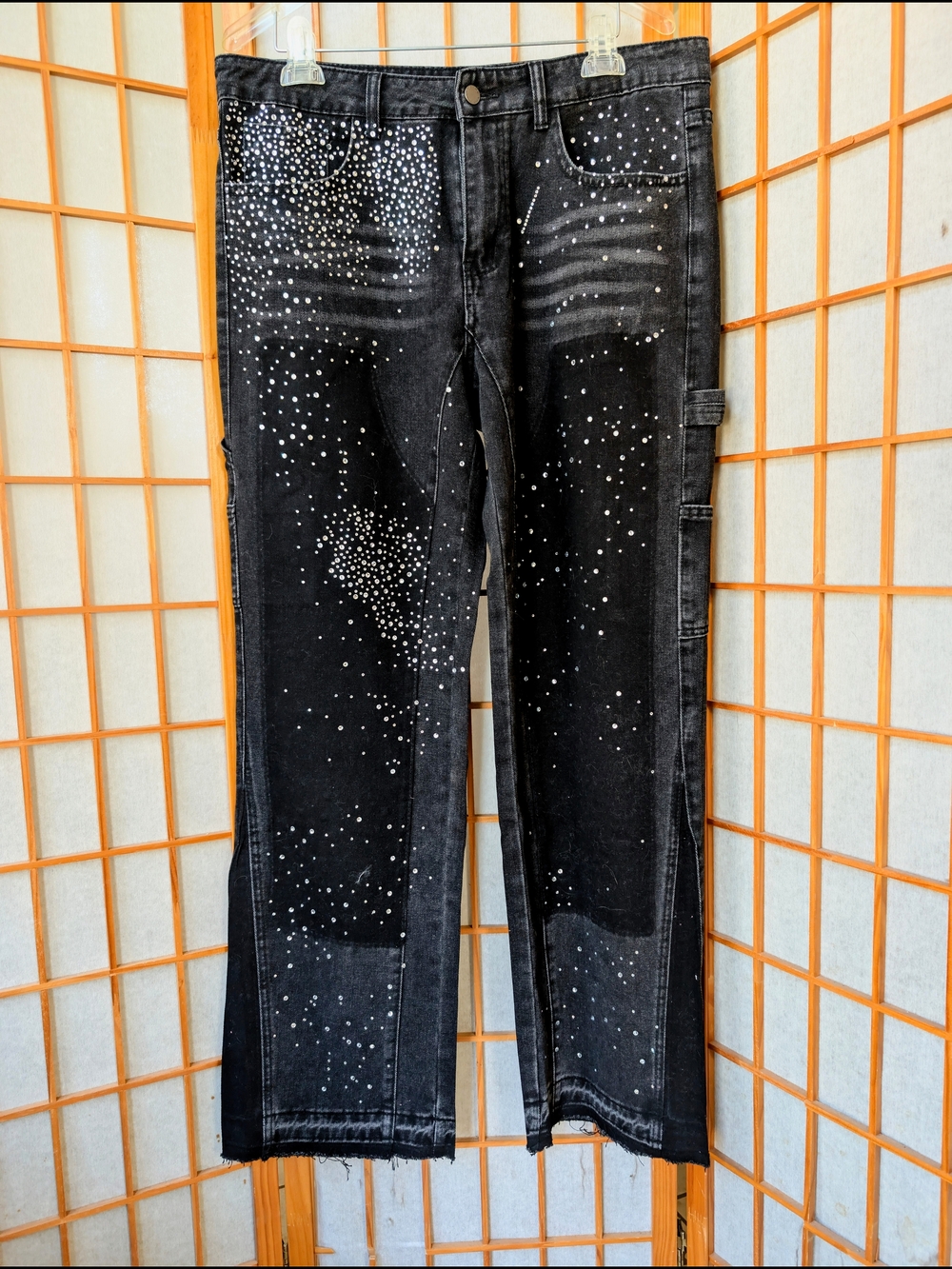 Mens Black Street Denim Jeans - Rhinestone - Patch Pocket - Large 40 - Romwe